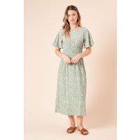 Dorothy Perkins Women's Green Leopard Shirred Waist Short Sleeve Jersey Midi Dress | Size: 8