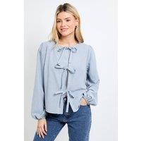 Dorothy Perkins Women's Tie Front Blouson Sleeve Blouse in Blue | Size: 18