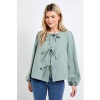 Dorothy Perkins Women's Tie Front Blouson Sleeve Blouse in Green | Size: 12