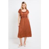 Dorothy Perkins Women's Frill Scoop Neck Shirred Waist Midi Dress in Brown | Size: 14