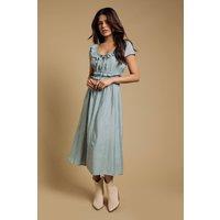 Dorothy Perkins Women's Petite Frill Scoop Neck Shirred Waist Midi Dress in Blue | Size: 14