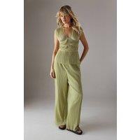 Warehouse Women's Plisse High Waisted Wide Leg Trousers in Apple Green | Size: 12
