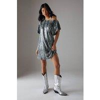 Warehouse Women's Snake Sequin Fallen Shoulder Slouchy Mini Dress in Khaki | Size: 8