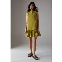 Warehouse Women's Linen Blend Sleeveless Peplum Hem Mini Dress in Olive | Size: 8