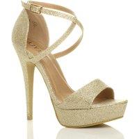 AJVANI Women's High Heel Crossed Straps Platform Glitter Mesh 2 Part Heels in Gold | Size: 5