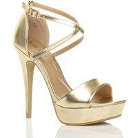 AJVANI Women's High Heel Crossed Straps Platform Faux Leather 2 Part Heels in Metallic Gold | Size: 4