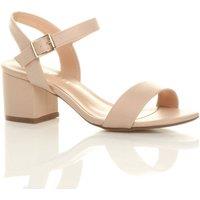 AJVANI Women's Mid Block Heel Ankle Strap Faux Leather Heeled Sandals in Nude | Size: 3