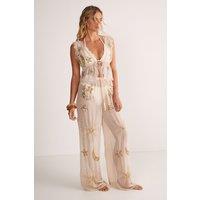NastyGal Women's Embellished Moon & Star Wide Leg Beach Trouser in Champagne | Size: Medium