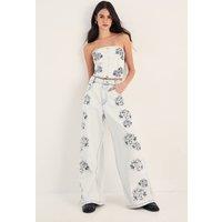 NastyGal Women's Floral Embroidered Bleach Wash Baggy Denim Jean Co-ord | Size: 14