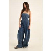 NastyGal Women's Strappy Seam Detail Wide Leg Denim Jumpsuit in Vintage Wash | Size: 8
