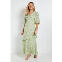 Dorothy Perkins Women's Petite DP Luxe Wrap Front Puff Sleeve Ruffle Maxi Dress in Sage | Size: 8