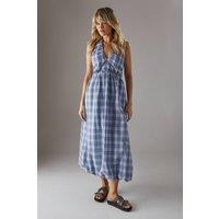 Warehouse Women's Check Halter Open Back Puff Ball Midi Sundress in Baby Blue | Size: 8
