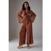 Warehouse Women's Chiffon Pleated Keyhole Flared Sleeve Jumpsuit in Brown | Size: 10