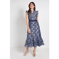 Wallis Women's Lace Ruffle Sleeve Midi Dress in Navy | Size: 18