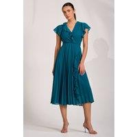 Jolie Moi Women's Ruffle Pleated Chiffon Midi Dress in Teal | Size: 14