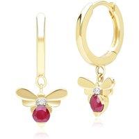 Gemondo Women's Honeycomb Inspired Ruby & Diamond Bee Hoop Earrings in 9ct Yellow Gold in Red