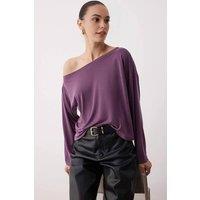 WOVCOR Women's Long Sleeve Boat Neck Relaxed Cut Knit Blouse in Plum | Size: XS