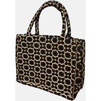 Berber Leather Women's Moroccan Geometric Print Fabric Tote Bag in Black
