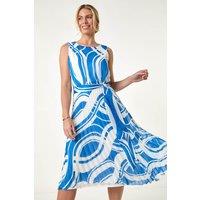 Roman Women's Petite Print Tie Waist Pleated Dress in Navy | Size: 14