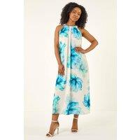 Roman Women's Petite Floral Halter Neck Midi Dress in Turquoise | Size: 14