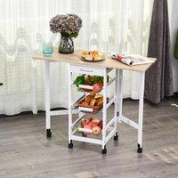 HOMCOM Drop Leaf Kitchen Trolley 3 Baskets Drawer Surface Top 6 Wheels in White
