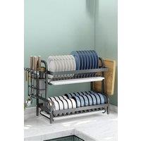 Living and Home 2-Tier Detachable Steel Dish Rack Drainer Drying Storage with Kitchenware Holder in Black