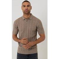 Threadbare Men's Cable Stripe Knitted Button Polo in Taupe | Size: Large