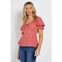 Dorothy Perkins Women's Red Heart Puff Sleeve Tie Front Top | Size: 10