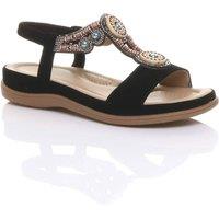 AJVANI Women's Low Wedge Heel Slingback Beaded T-Bar Sandals in Black | Size: 6