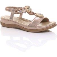 AJVANI Women's Low Wedge Heel Slingback Beaded T-Bar Sandals in Rose Gold | Size: 6