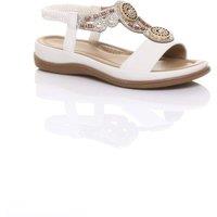 AJVANI Women's Low Wedge Heel Slingback Beaded T-Bar Sandals in White | Size: 6