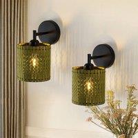 NIVOR 1 Light Boho Farmhouse Wooden Armed Sconce Wall Light E27 (Set of 2) in Green