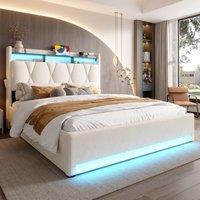 Matteo Beige Velvet Double Bed Frame - LED & USB Charging, Hydraulic Storage