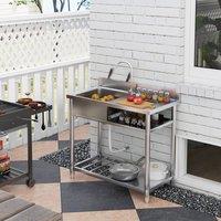 HOMCOM Outdoor Stainless Steel Sink Single Bowl with Cold & Hot Water Pipe & Storage Shelf in Silver