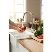 JANLEMNY Polished Chrome Dual Lever Pull-Out Kitchen Mixer Tap in Silver | Size: 1000mm x 400mm