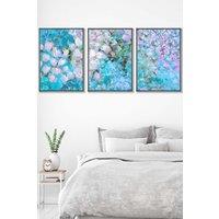 ARTZE Set of 3 Dark Grey Framed Abstract Cottage Garden Flowers in Blue Wall Art in Bright Blue | Size: W53 cm x H73 cm x D20mm