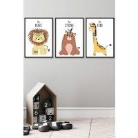 ARTZE Nursery Tribal Lion, Bear, Giraffe Quote Prints Framed Wall Art - Large in Black | Size: W53 cm x H73 cm x D20mm