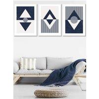 ARTZE Set of 3 White Framed Mid Century Geometric Navy Blue Diamonds Wall Art | Size: W53 cm x H73 cm x D20mm