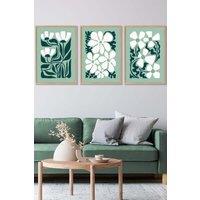 ARTZE Set of 3 Oak Framed Green & White Boho Abstract Floral Wall Art | Size: W33 cm x H45 cm x D20mm