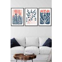 ARTZE Set of 3 Black Framed Boho Abstract Blue & Pink Floral Wall Art in Navy | Size: W33 cm x H45 cm x D20mm