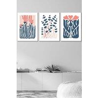 ARTZE Set of 3 White Framed Boho Abstract Blue & Pink Floral Wall Art in Navy | Size: W33 cm x H45 cm x D20mm