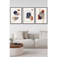ARTZE Set of 3 Black Framed Mid Century Terracotta, Beige & Navy Blue Arches Wall Art in Terracotta | Size: W53 cm x H73 cm x D20mm