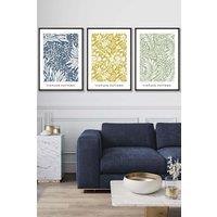 ARTZE Set of 3 Black Framed Blue Yellow Green William Morris Vintage Floral Wall Art | Size: W53 cm x H73 cm x D20mm