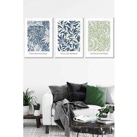 ARTZE Set of 3 White Framed Blue & Green William Morris Vintage Floral Wall Art in Mid Blue | Size: W33 cm x H45 cm x D20mm