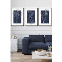 ARTZE Set of 3 Black Framed Line Art Sketch Flowers on Navy Blue Wall Art | Size: W45 cm x H62 cm x D20mm