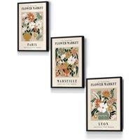 ARTZE Flower Market Paris Exhibition in Neutral Colours Framed Wall Art - Small in Black | Size: W33 cm x H45 cm x D20mm