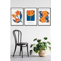 ARTZE Set of 3 Black Framed Blue & Orange Flower Market Wall Art | Size: W45 cm x H62 cm x D20mm