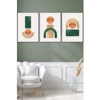 ARTZE Set of 3 White Framed Mid Century Graphical Shapes in Green Yellow Orange Wall Art | Size: W33 cm x H45 cm x D20mm