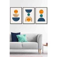 ARTZE Set of 3 Black Framed Mid Century Graphical Shapes in Navy Blue Orange Wall Art | Size: W33 cm x H45 cm x D20mm