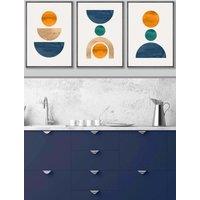 ARTZE Set of 3 Dark Grey Framed Mid Century Graphical Shapes in Navy Blue Orange Wall Art | Size: W53 cm x H73 cm x D20mm